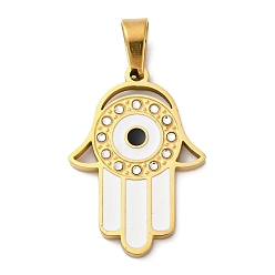 Белый 304 из нержавеющей стали горный хрусталь подвески, с эмалью, реальный 18 k позолоченный, вакуумное покрытие pvd, рука хамса с шармом в виде глаза, белые, 28x19x2 мм, отверстие : 4x6.5 мм