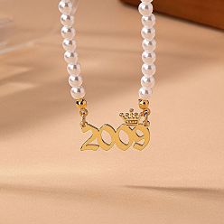 Number Женские ожерелья из круглого белого бисера с имитацией жемчуга и подвеской в виде короны в виде года рождения, золотые, число 2009, 14.96 дюйм (38 см)