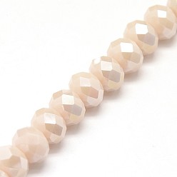 PeachPuff Electroplate Opaque Solid Color Crystal Glass Rondelle Beads Strands, Faceted, AB Color Plated, PeachPuff, 10x7mm, Hole: 1mm, about 70pcs/strand, 20 inch