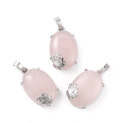 Rose Quartz Natural Rose Quartz Pendants, with Platinum Tone Brass Findings, Cadmium Free & Lead Free, Oval with Tree, 28~29.5x18.5x9.5mm, Hole: 8x5mm