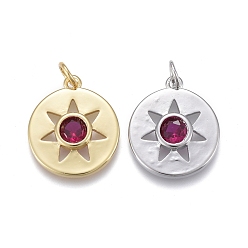 (52) Непрозрачная лаванда Латунные микро проложить кубического циркония подвески, долговечный, с прыжковых колец, плоские круглые с солнцем, разноцветные, 18.5x16x3 мм, перемычки: 5x1 мм, внутренний диаметр: 3 мм