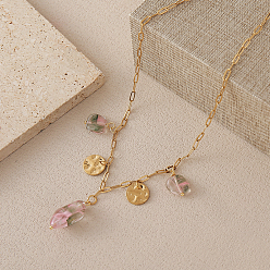 Зеленый Кулон в виде самородка из стекла и нержавеющей стали в европейском стиле, цепочка-скрепка для женщин, реальный 18 k позолоченный, зелёные, 15.75 дюйм (40 см)