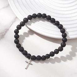 Лавовый камень Натуральные бусины из вулканического камня стрейч браслеты, браслеты с подвесками из нержавеющей стали в виде креста для женщин, внутренний диаметр: 201 дюйм (2.07 см)