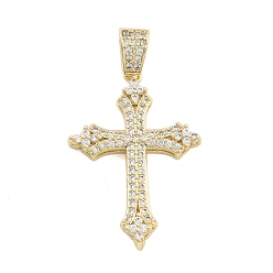Cross Подвески из латуни с прозрачным фианитом, без кадмия и без свинца, золотые, крестик, 33x23x4 мм, отверстие : 5 мм