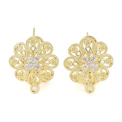 Настоящее золото 18K Серьги-гвоздики из латуни с цветочным паве и кубическим цирконием, с горизонтальными петлями, без кадмия и без свинца, реальный 18 k позолоченный, 18x16 мм, отверстие : 1.2 мм, штифты : 0.8 мм