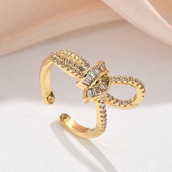 Настоящее золото 18K Кольца из латуни с микропаве, прозрачные кольца с кубическим цирконием, без кадмия и без свинца, бантом, реальный 18 k позолоченный, 15 мм