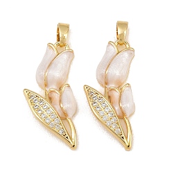 Blanco Latón micro pavimenta claro colgantes de circonio cúbico, con esmalte, encantos de tulipanes, real 18 k chapado en oro, blanco, 26x12x4.5 mm, agujero: 4x2 mm