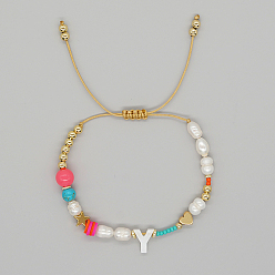 Letter Y Initial Letter Natural Pearl Braided Bead Bracelet, Adjustable Bracelet, Letter Y, 11 inch(28cm)
