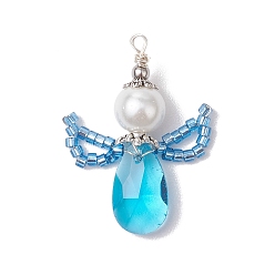 Озёрно--синий Стеклянные подвески, ангельские прелести, со стеклянной жемчужной бусиной и 304 шовными бусинами из нержавеющей стали и петлей, граненые, Плут синий, 32.5~33x22~25x8 мм, отверстие : 1.8 мм