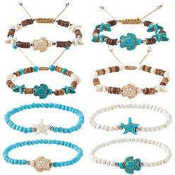 (52) Непрозрачная лаванда Шт. браслеты из кокосовых бусин, Комплекты регулируемых браслетов из искусственной бирюзы с морскими звездами и черепахами для женщин, разноцветные, внутренний диаметр: 2-1/8~3-3/4 дюйм (5.4~9.6 см)