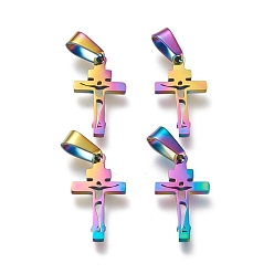 Rainbow Color Ion Plating(IP) 304 Stainless Steel Pendants, Laser Cut, Cross, Rainbow Color, 21x12x1.5mm, Hole: 3.5x7mm