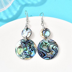 Разноцветный Латунные натуральные ракушки пауа плоские круглые висячие серьги, красочный, 60~62x24.5~25 мм