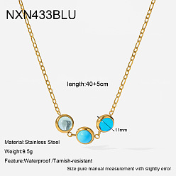 Dodger Blue 304 Stainless Steel Pave Cubic Zirconia Triple Flat Round Beads Pendant Necklaces, Real 18K Gold Plated, Dodger Blue, 15.75 inch(40cm)