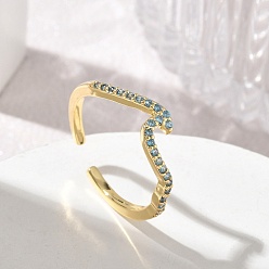 Golden Brass Micro Pave Cubic Zirconia Cuff Open Rings, Nuggets, Golden, 5.5mm, US Size 7 1/4(17.5mm)
