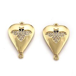 Clear Brass Micro Pave Cubic Zirconia Links, Long-Lasting Plated, Heart with Bee, Real 18K Gold Plated, Clear, 22x15x2mm, Hole: 1.2mm