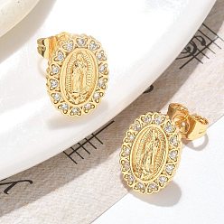 Золотой Овальные серьги-гвоздики с изображением Девы Марии из латуни с микропаве из прозрачных кубических цирконий, долговечный, золотые, 14.5x10.5 мм