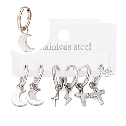 Нержавеющая Сталь Цвет Не тускнеют 3 пары 3 стили 304 серьги-кольца из нержавеющей стали для женщин, крест, луна и молния, цвет нержавеющей стали, 24.5~25x4.5~8 мм, 1 пара / стиль