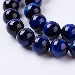 Dark Blue Natural Tiger Eye Bead Strands, Round, Dark Blue, 8mm, Hole: 1mm, about 47~50pcs/strand, 14.9 inch
