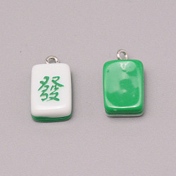Grün Harzanhänger, mit Eisen-Befund, Nachahmung von Mahjong-Fliesen, grün, Rechteck, grüner Drache, 19.5~20.5x11.5x7~7.5 mm, Bohrung: 2 mm
