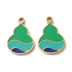 Green Ion Plating(IP) 304 Stainless Steel Pendants, with Enamel, Gourd Charm, Golden, Green, 17x11.5x1.5mm, Hole: 1.6mm