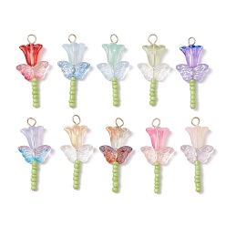 Золотой Стеклянные преданты, цветок с бабочкой, с 304 штифтами из нержавеющей стали с плоской головкой и бисером, cmешанных цветов, золотые, 33.5x15x6 мм, отверстие : 2.5 мм