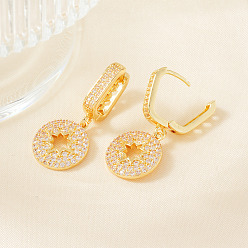 Золотой Серьги-кольца ко Дню святого Валентина из латуни с прозрачным кубическим цирконием, плоские, круглые, с полой звездой, золотые, 31x13 мм