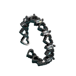 Черный Открытые кольца-манжеты из латуни с микропаве из прозрачных кубических цирконий для женщин, сердце, чёрные, внутренний диаметр: 17 мм