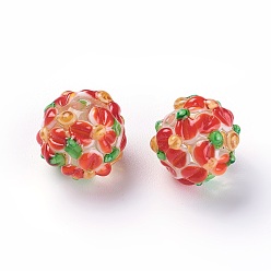 Оранжево-Красный Ручной работы ухабистым Шарики Lampwork, круглые, оранжево-красный, 14~15 мм, отверстие : 1.5~1.6 мм