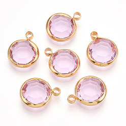 Бледно-Розовый K 9 стеклянные подвески, плоско-круглые, с латунной фурнитурой , граненые, реальный 18 k позолоченный, розовый жемчуг, 13.5~14x10.5~11x3.5~4 мм, отверстие : 1.8 мм