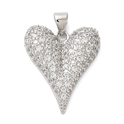 Платина Латунные микропаве прозрачные подвески с фианитом, без кадмия и без свинца, сердце, платина, 24x20x5 мм, отверстие : 4x5 мм