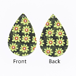 Gelb-grün Pu-Leder große Anhänger, Träne, mit Blumenmuster, gelb-grün, 55x35x2 mm, Bohrung: 2 mm