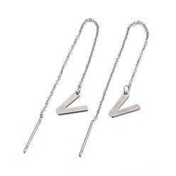 Letter V Tarnish Resistant 304 Stainless Steel Stud Earrings, Hypoallergenic Earrings, Ear Threads, Alphabet, Letter.V, 107~112x1mm, Pin: 15x0.7mm, letter: 10.5x9x0.5mm