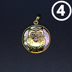 Owl Natural Abalone Shell/Paua Shell Pendants, Flat Round Charms, Owl, 31x27mm