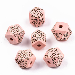 Pink Расписные бусы из натурального дерева, лазерная гравировка, граненые, многоугольник с леопардовым принтом, розовые, 12x12x12 мм, отверстие : 2.5 мм