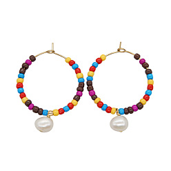 Разноцветный Овальные серьги-кольца из нержавеющей стали с пресноводным жемчугом, со стеклянными бисеринами, золотые, красочный, 45x30 мм