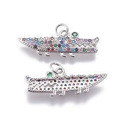 Платина Латунные микро проложить кубического циркония прелести, Крокодил / Аллигатор, платина, 10.5x28x2 мм, отверстие : 3 мм