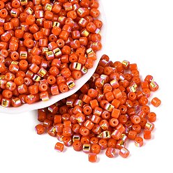 Orange Red FGB Opaque Colours Glass Seed Beads, Rainbow Plated, Round Hole, Barrel, Orange Red, 4x3.5mm, Hole: 0.9~1mm, about 3750pcs/pound