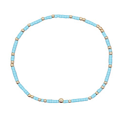 Светло-Голубой Минималистичные браслеты из стеклянных бусин и латунных бусин для женщин, круглые, золотые, Небесно-голубой, 6.89 дюйм (17.5 см)