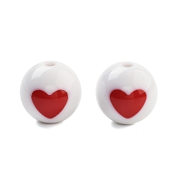 (123L) Белый крем непрозрачный блеск Непрозрачные печатные бусы акриловые, круглые с сердца шаблона, огнеупорный кирпич, 16 мм, отверстие : 2 мм, Около 216 шт / 500 г