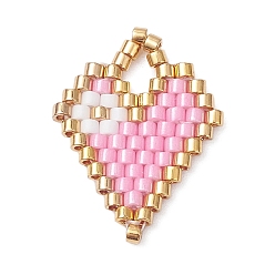 Бледно-Розовый Подвески в виде сердечек из бисера, подвески из стеклянных бусин с узором ткацкого станка, розовый жемчуг, 19x15x1.7 мм, отверстие : 3 мм