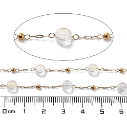 Clear 304 Stainless Steel Handmade Beaded Chain, with Electroplated Glass, with Spool, Soldered, Real 18K Gold Plated, Flat Round, Clear, 5.5x5.5x3.5mm, about 16.40 Feet(5m)/Roll