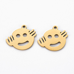 Golden Ion Plating(IP) 201 Stainless Steel Pendants, Cut, Flat Round with Expression, Golden, 14x17x1mm, Hole: 1.4mm