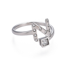 Letter N 304 палец кольца из нержавеющей стали, со стразами, начальная буква n & квадрат, кристалл, цвет нержавеющей стали, Размер 6~9, 16~19 мм