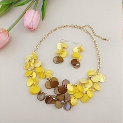 Желтый Комплекты из плоских круглых подвесных серег и двухслойных ожерелий, со сплавочной фурнитурой, желтые, 450 мм