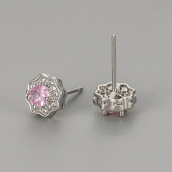 Pink Серьги-гвоздики из латуни с прозрачными кубическими циркониями ко Дню святого Валентина, цветок, платина, розовые, 8x8 мм