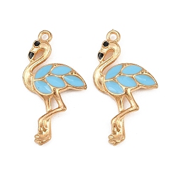Sky Blue Alloy with Enamel Pendants, Flamingo Shape Charms, Light Gold, Sky Blue, 29.5x16x3mm, Hole: 1.6mm