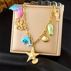 Золотой Океан 304 ожерелья с подвесками в виде морских звезд и рыб из нержавеющей стали и пластика для женщин, красочный, золотые, 16.10 дюйм (40.9 см)