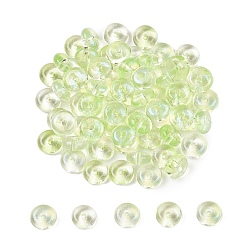 Зелено-Желтый Гальванопокрытие прозрачные цвета радуги стеклянные бусины, пончик, зеленый желтый, 6~6.5x3~3.5 мм, отверстие : 1.2 мм, Около 2500 шт / фунт