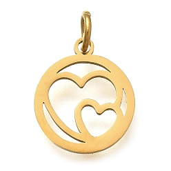 Настоящее золото 18K 304 прелести нержавеющей стали, с целью перехода в кольце, плоский круглый с подвеской в виде сердца, лазерная резка, ионное покрытие (ip), реальный 18 k позолоченный, 14x12x1 мм, отверстие : 3 мм