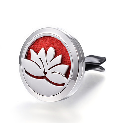 Red 316 Surgical Stainless Steel Car Diffuser Locket Clips, with Perfume Pad and Magnetic Clasps, Flat Round with Lotus, Red, 30x7mm